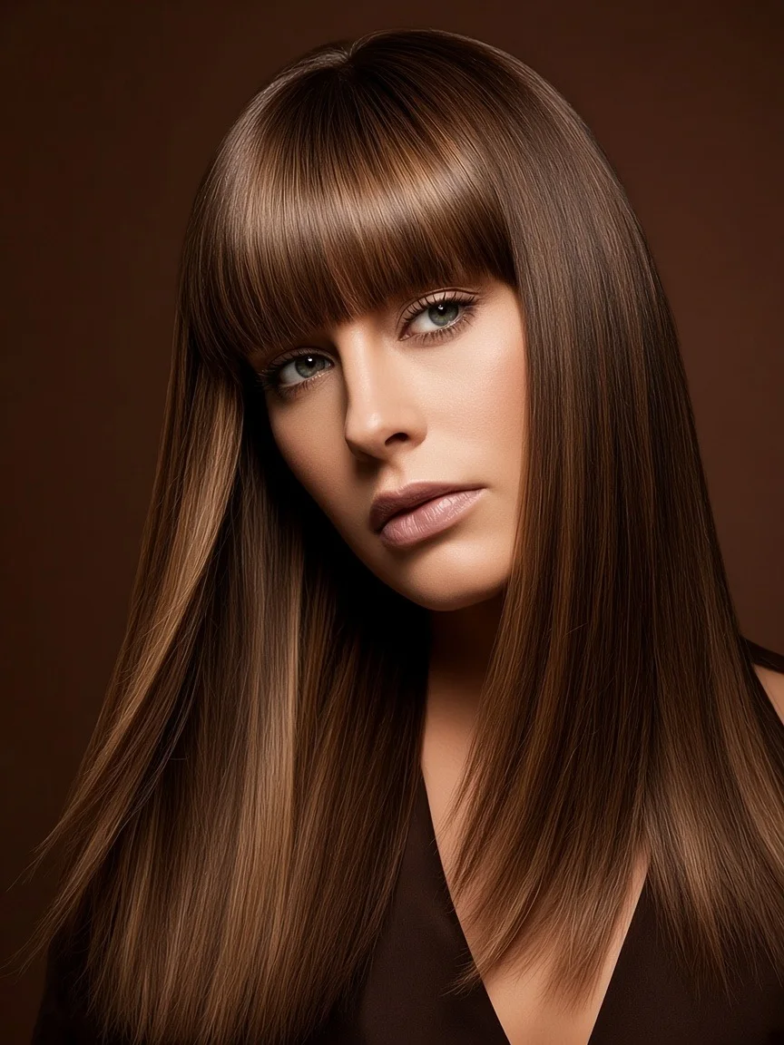 Glossy brunette with blunt fringe