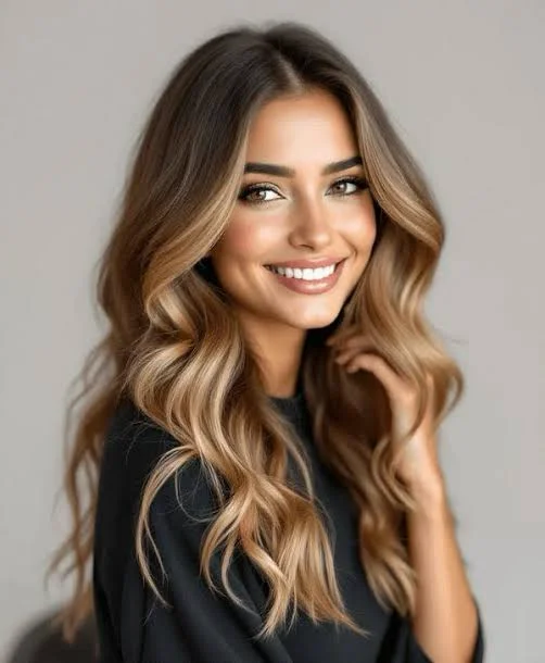 Long brunette waves with soft caramel balayage
