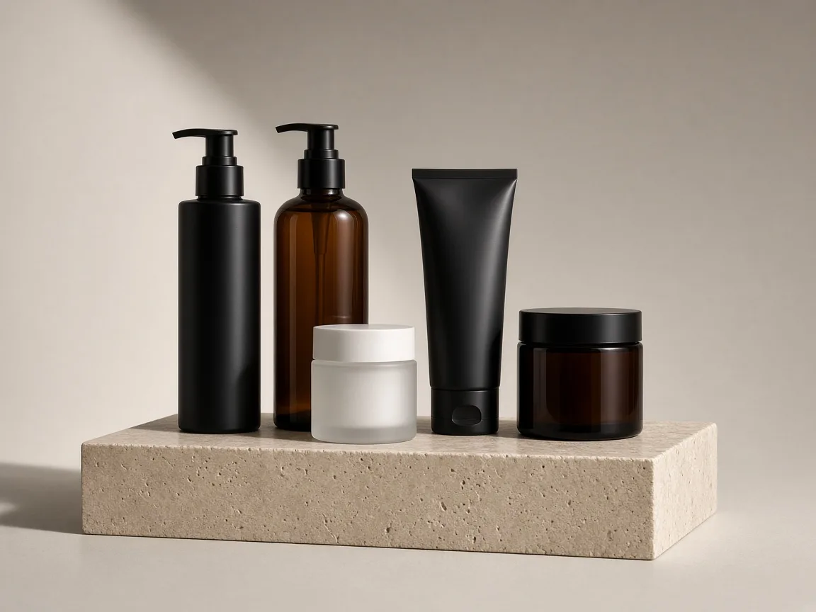 Professional haircare bottles on a stone plinth